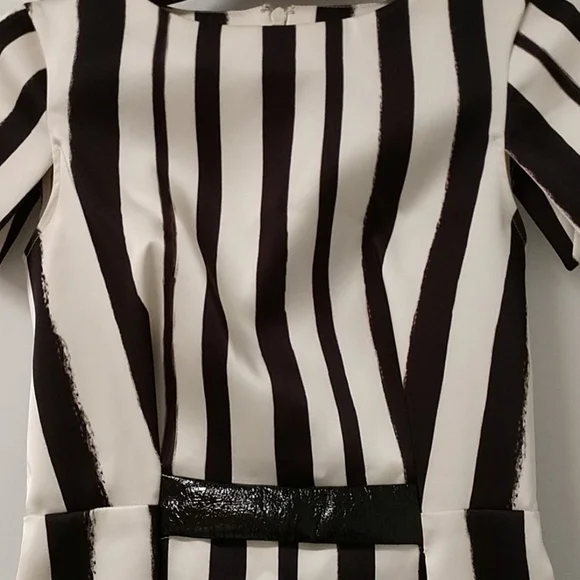 Topshop Dress Faux Leather Detail Split Short Sleeve Black White Stripe sz Small - Picture 4 of 12
